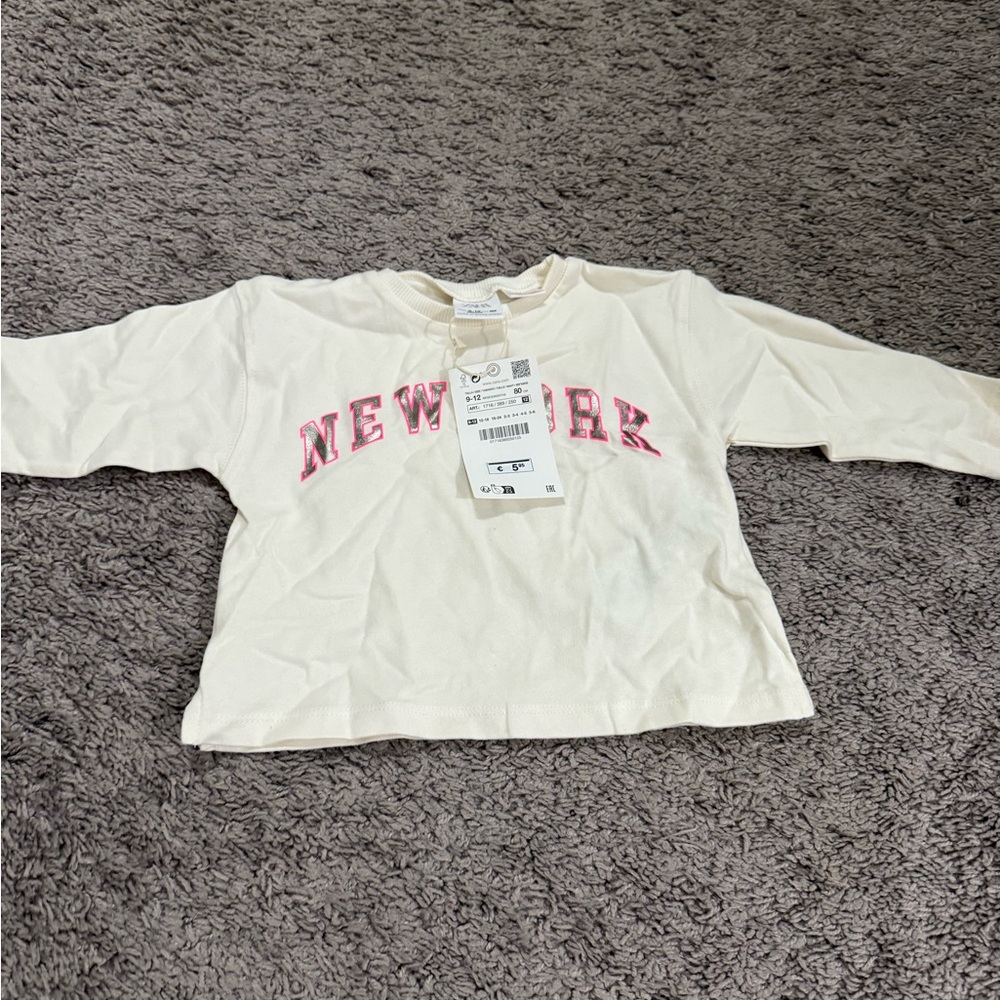 Zara Cream Long Sleeve Kids Tee with Pink 'New York' Print
